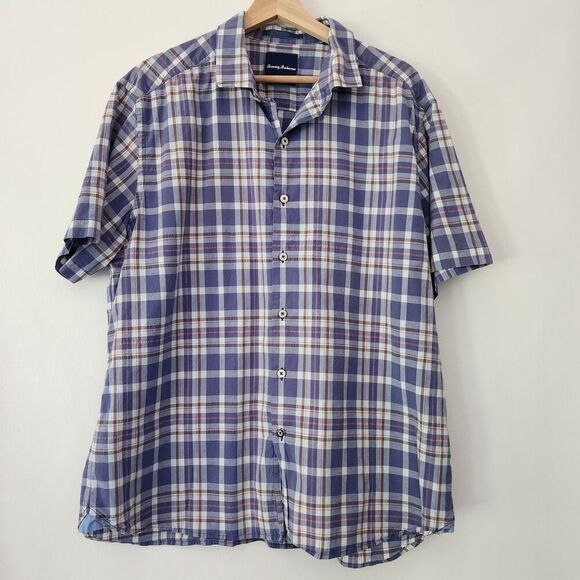 Tommy Bahama blue plaid short sleeve button‎ front shirt womens size L - Picture 1 of 6